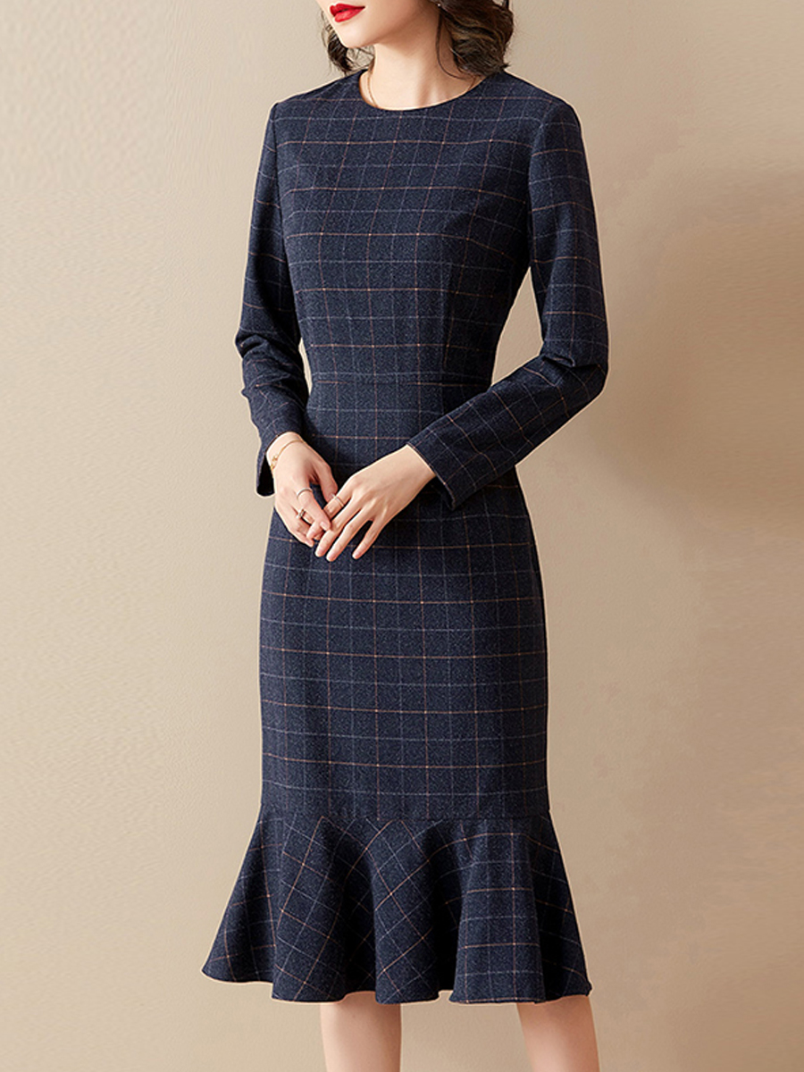 blue plaid dress  HE1004-03-04