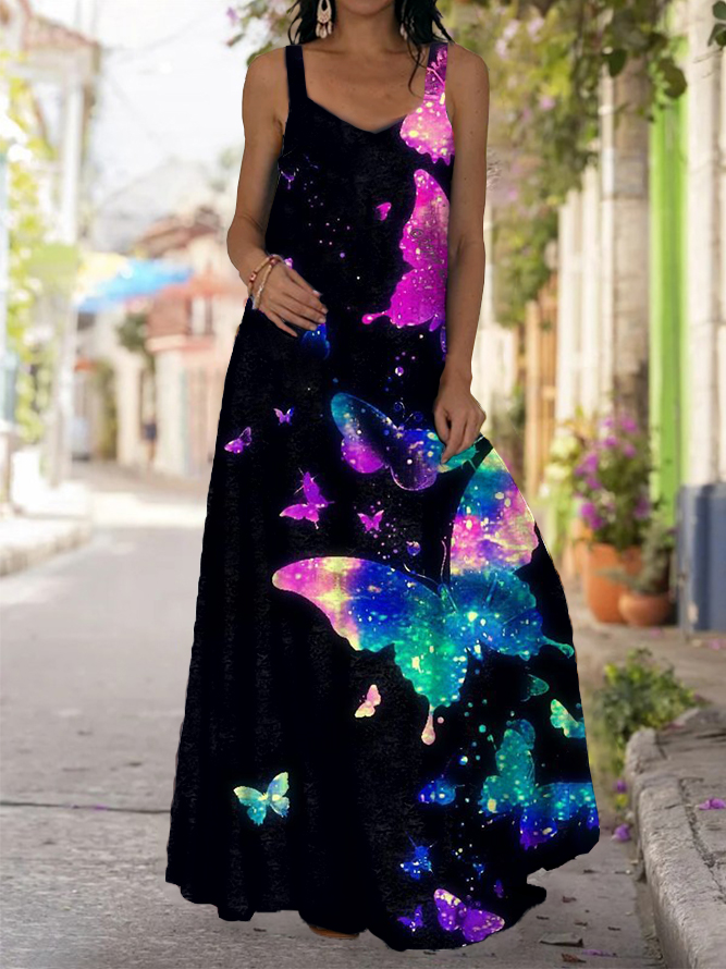 Fashionable women's black butterfly printed long dress with long sleeves HF2313-02-03
