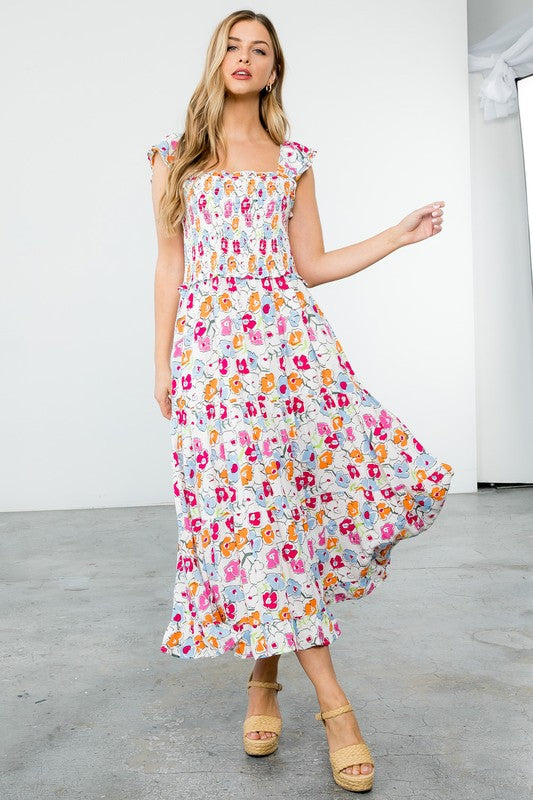 Astrid Smocked Floral Print Tiered Midi Dress