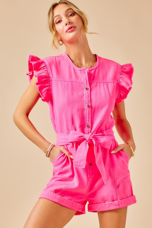 Portia Ruffle Sleeve Belted Denim Romper