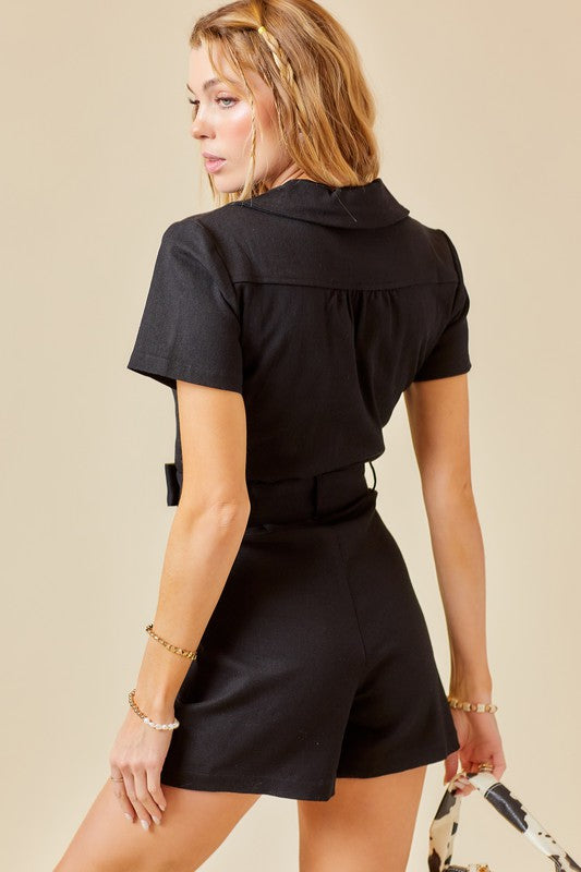 Beckham Zip Front Belted Denim Romper