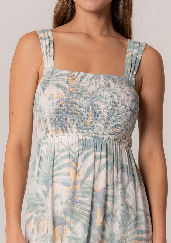 Palm Leaf Smocked Mini Dress