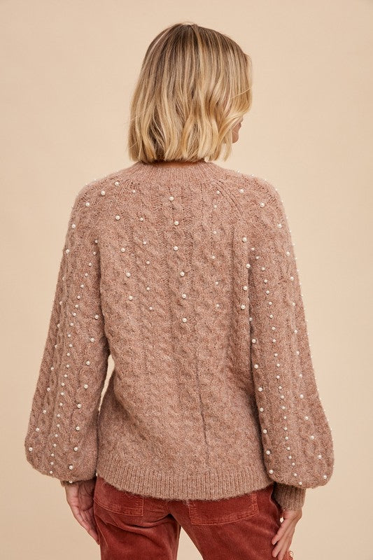 Pearl Detail Fuzzy Cable Knit Sweater
