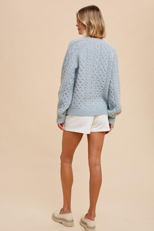 Pearl Detail Fuzzy Cable Knit Sweater