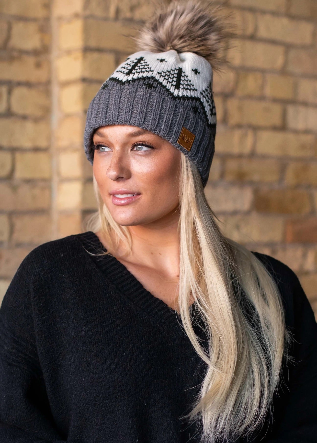 Fair Isle Knit Hat with Faux Fur Pom
