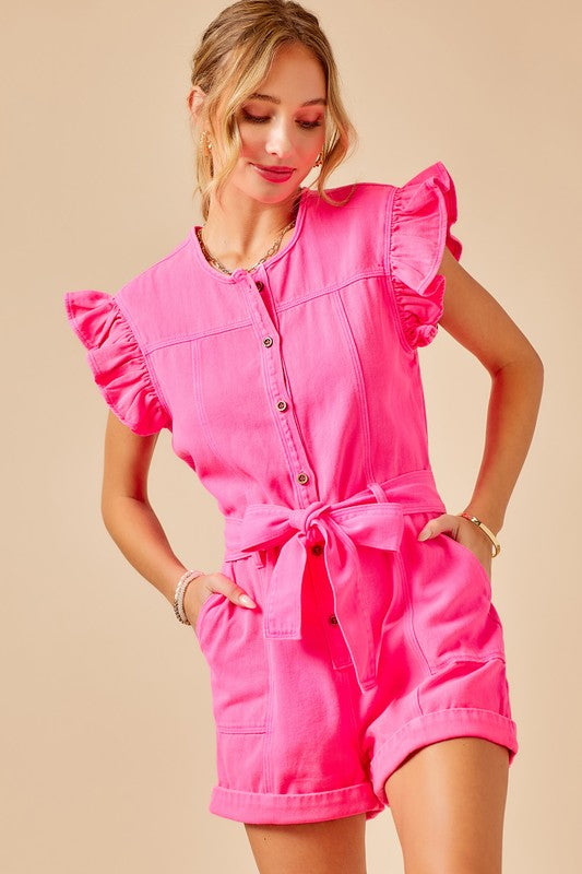 Portia Ruffle Sleeve Belted Denim Romper